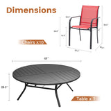 VICLLAX 11-Pcs Outdoor Dining Set, 63” Round Metal Table with Umbrella Hole & 10 Stackable  Chairs