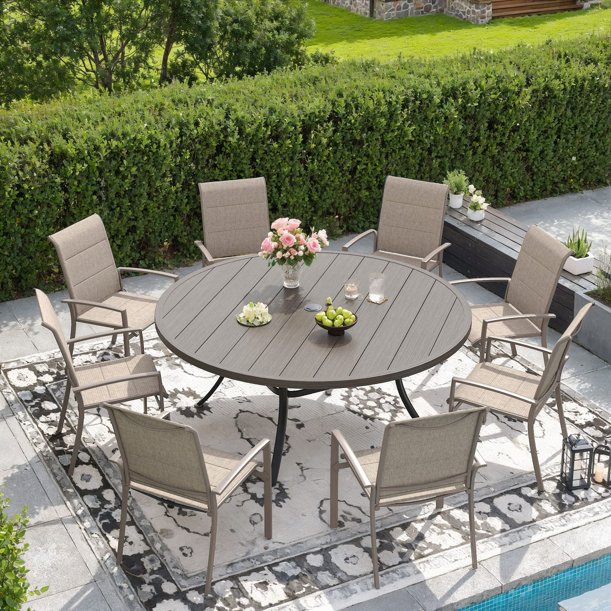 Vicllax 9/11 Pcs Outdoor Dining Set, 53"/ 60" Round Metal Table and Stackable Padded Chair