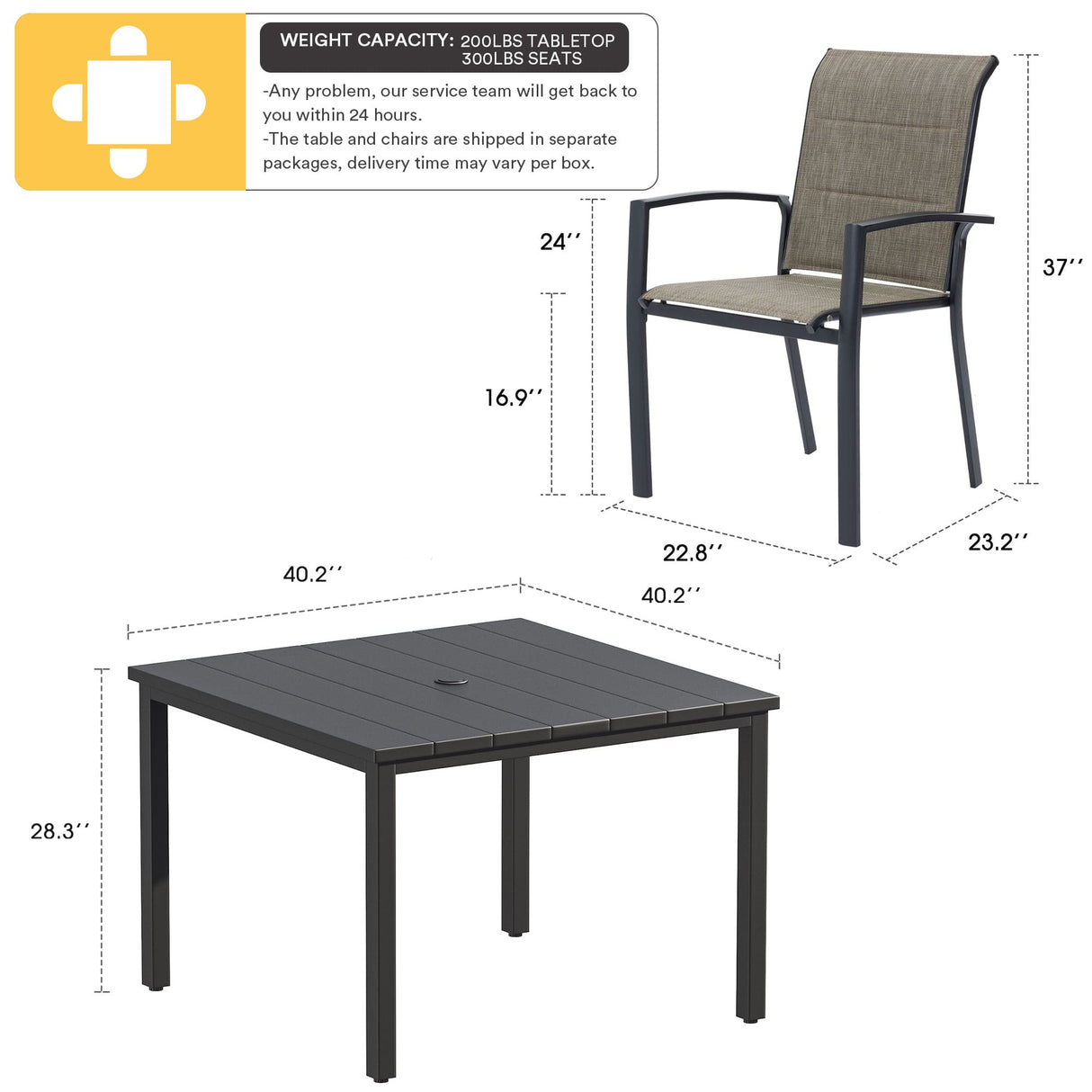 Vicllax 5 Pieces Outdoor Dining Set with 40" Square Table and Padded Stackable Chairs