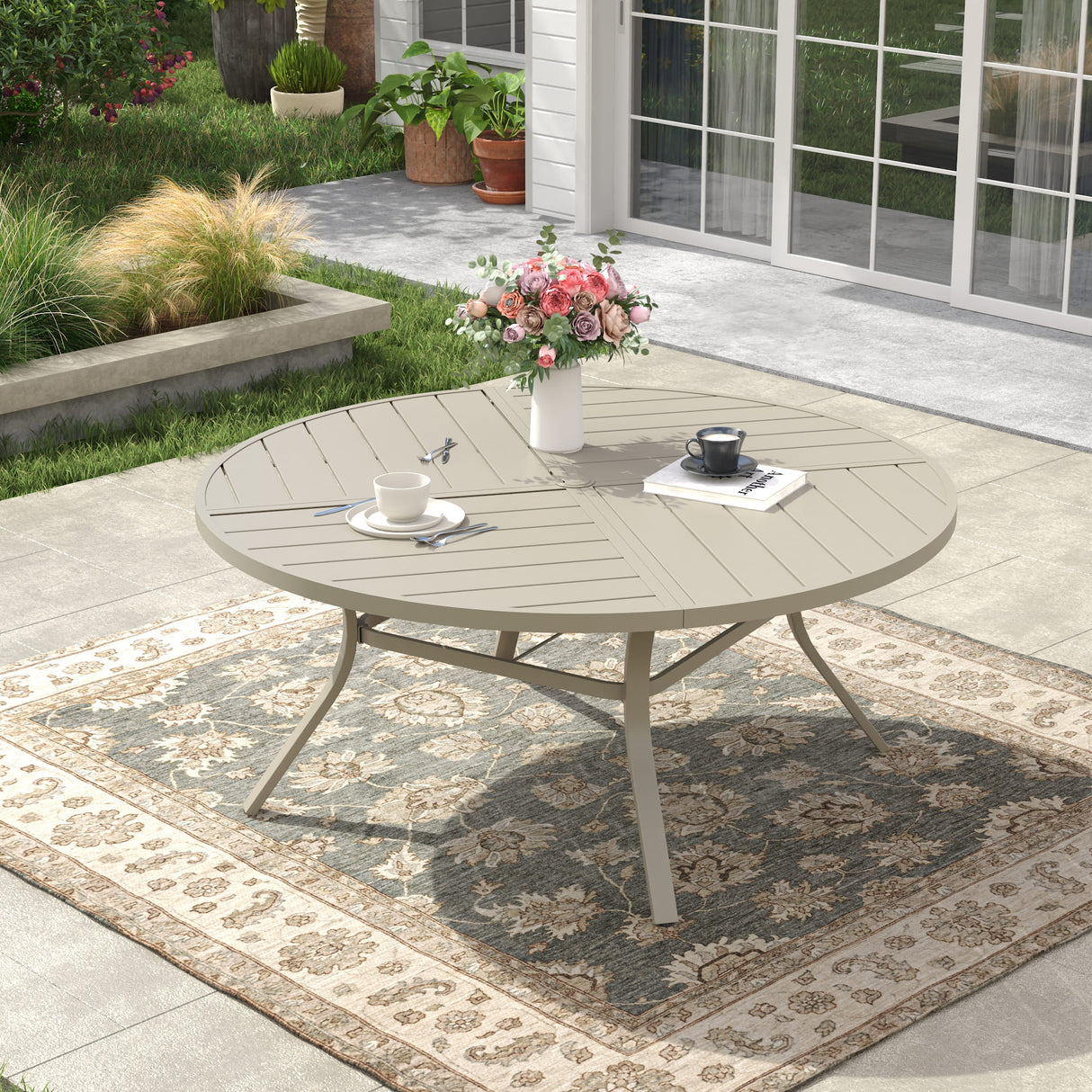 Vicllax 50" Patio Round Dining Table Set of 6, Metal Dining Table and Swivel Dining Chairs