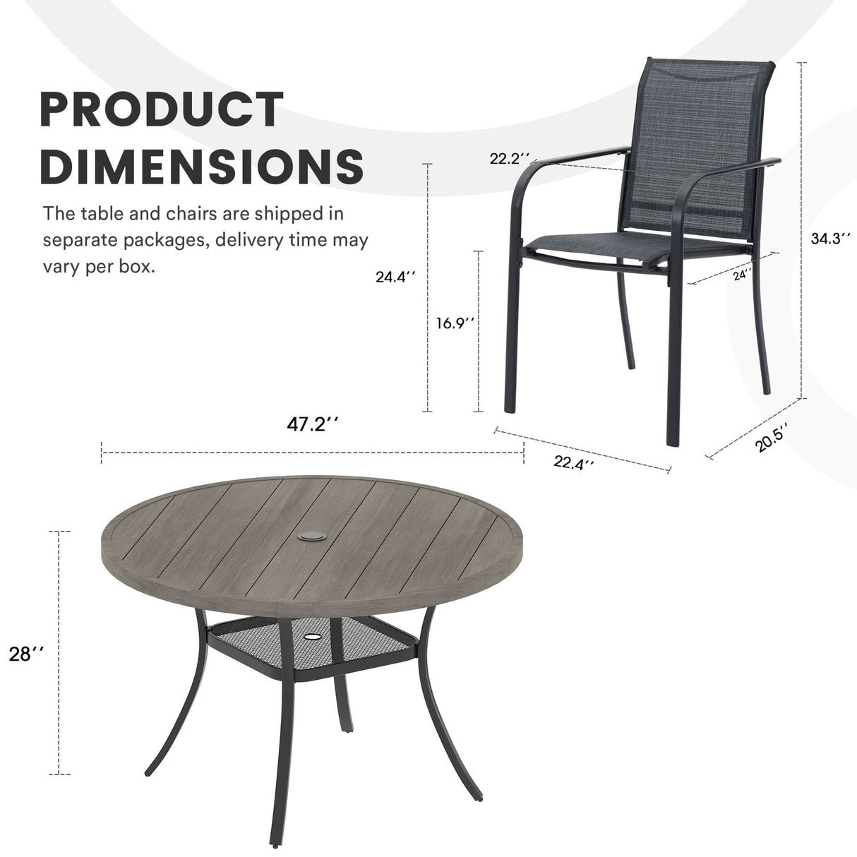 Vicllax Juego de comedor para exterior de 7 piezas con mesa redonda de metal de 48" y sillones de textileno 