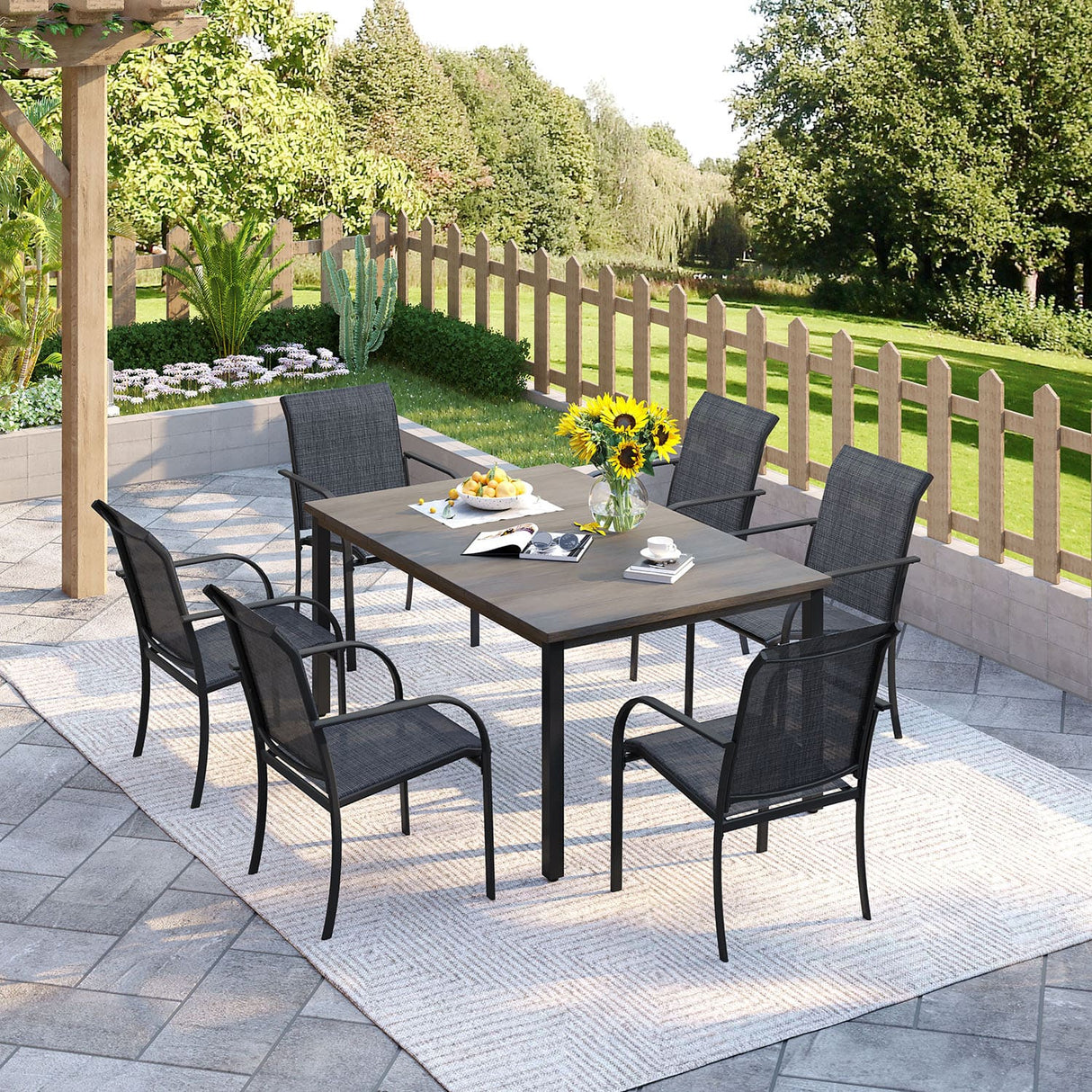 Vicllax 7 Pieces Outdoor Dining Set with Metal Rectangular Table and Stackable Sling Chair