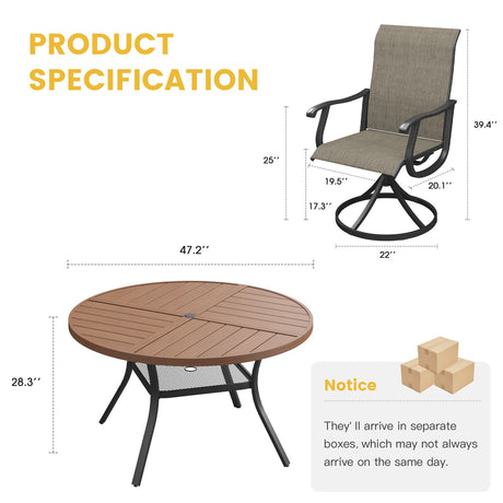 Vicllax Juego de comedor para exterior de 5 piezas con mesa redonda de metal de 42" y 4 sillas giratorias acolchadas