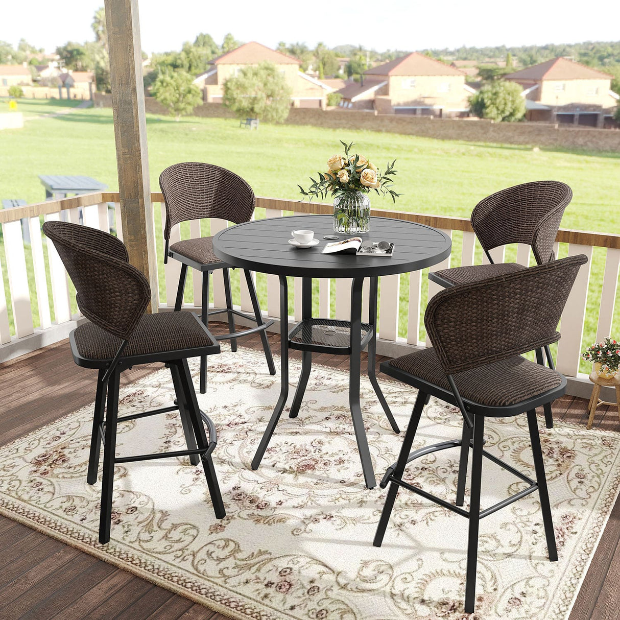Vicllax 3/5 PCS Outdoor Swivel Bar Set, Patio Wicker Bar Chairs and Round Bar Table