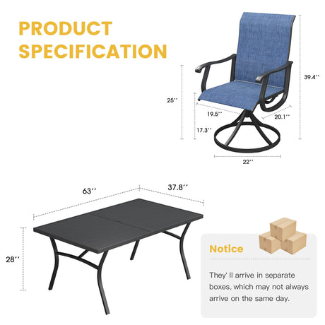 Vicllax Juego de comedor de exterior de 7 piezas con mesa rectangular de metal y sillas giratorias de textileno