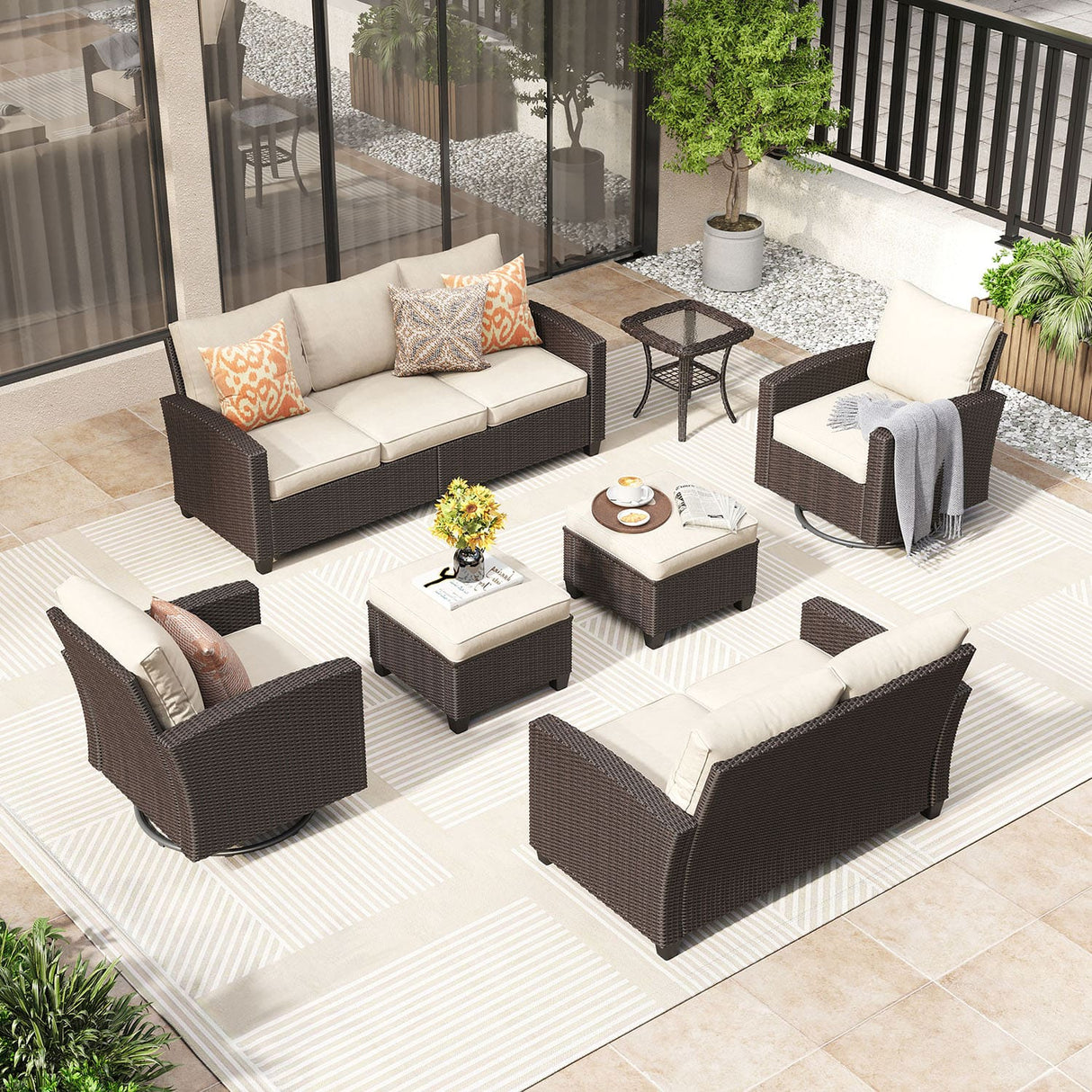 Vicllax Patio Sofa Set, Wicker Outdoor Conversation Set with Cushioned Sofa Chairs and Ottomans