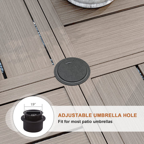 Viclla 9-Piece Outdoor Dining Set, 60” Round Metal Table with Umbrella Hole & Solana Swivel Chair