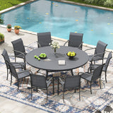 VICLLAX 11-Pcs Outdoor Dining Set, 63” Round Metal Table with Umbrella Hole & 10 Stackable  Chairs