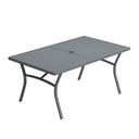 Vicllax Mesa de comedor de exterior para 6 personas, mesa de listones de acero curvado de metal para patio con orificio para sombrilla
