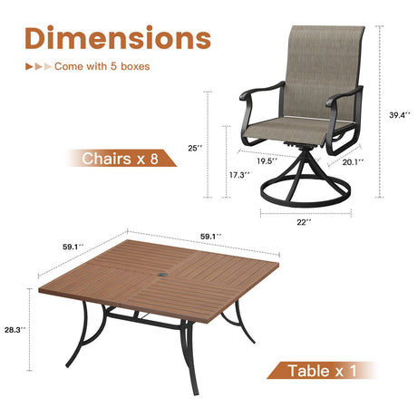 Vicllax Patio Dining Table Set for 8, Outdoor 59" Square Large Metal Table and Swivel Dining Chairs