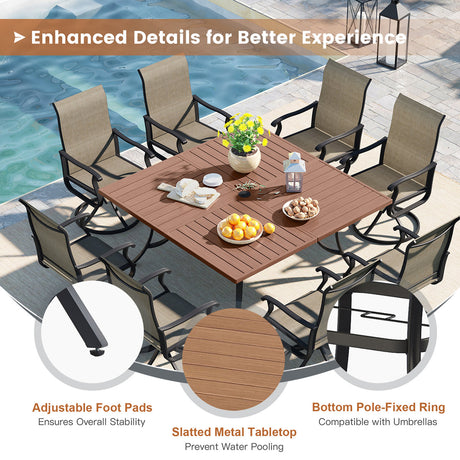 Vicllax Patio Dining Table Set for 8, Outdoor 59" Square Large Metal Table and Swivel Dining Chairs