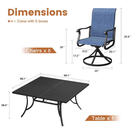 Vicllax Patio Dining Table Set for 8, Outdoor 59" Square Large Metal Table and Swivel Dining Chairs