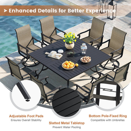Vicllax Patio Dining Table Set for 8, Outdoor 59" Square Large Metal Table and Swivel Dining Chairs