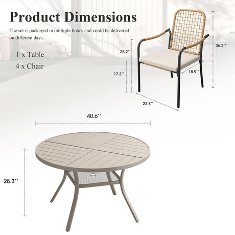 Vicllax 5 PCS Patio Dining Table Set, 41" Round Metal Table with Shelf and Solana Stackable Chair