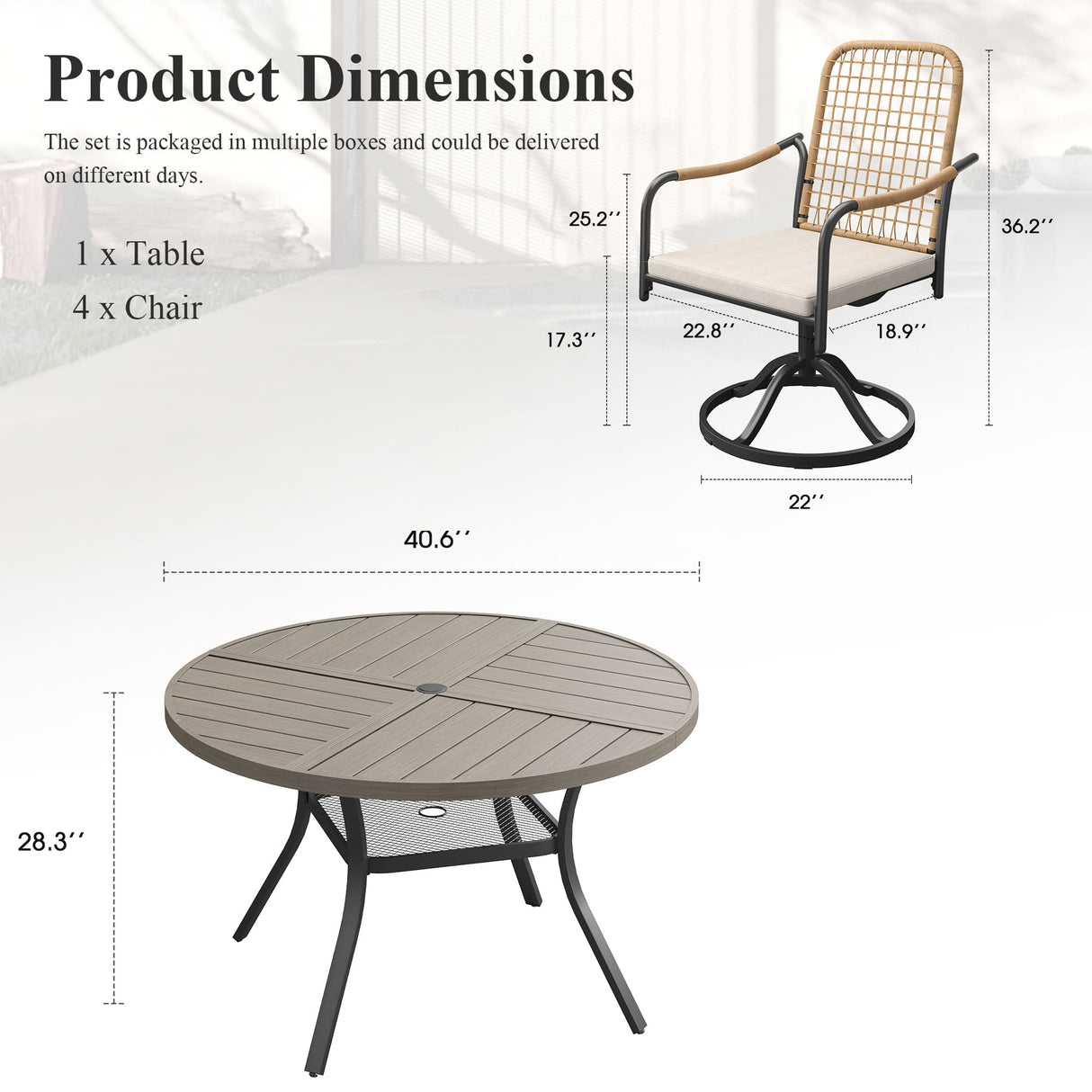 VICLLAX 5-Piece Outdoor Dining Set, 41” Round Metal Table with Umbrella Hole & Solana Swivel Chair