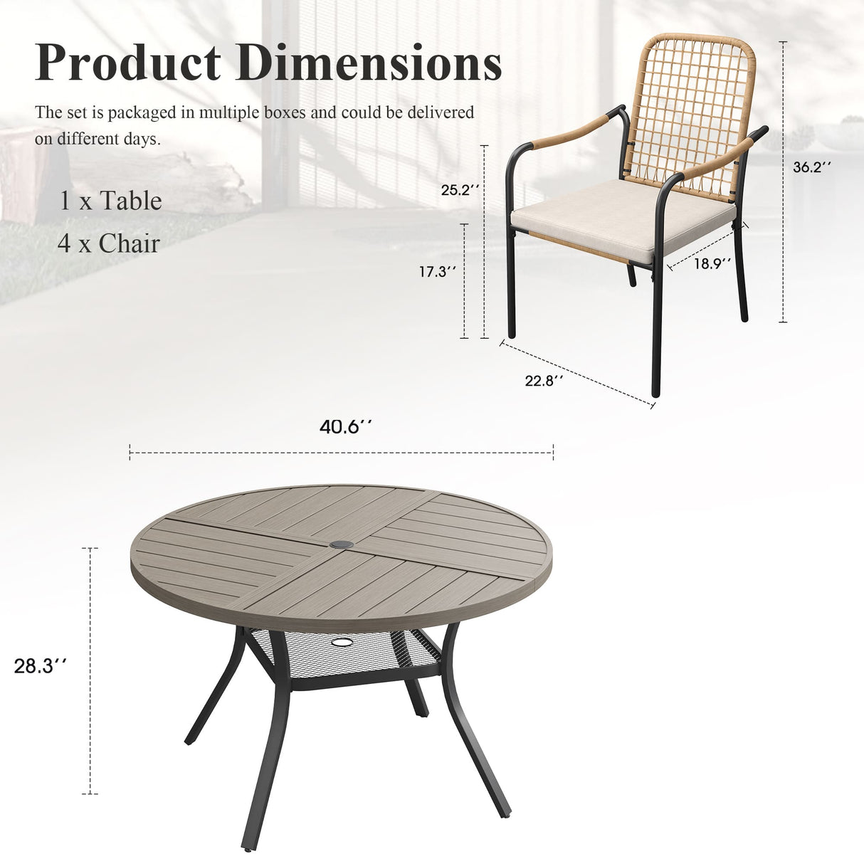 Vicllax 5 PCS Patio Dining Table Set, 41" Round Metal Table with Shelf and Solana Stackable Chair
