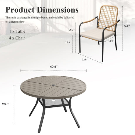 Vicllax 5 PCS Patio Dining Table Set, 41" Round Metal Table with Shelf and Solana Stackable Chair