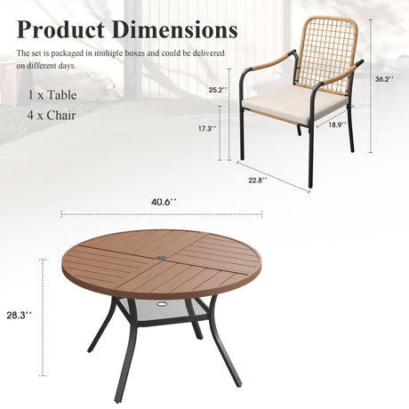 Vicllax 5 PCS Patio Dining Table Set, 41" Round Metal Table with Shelf and Solana Stackable Chair