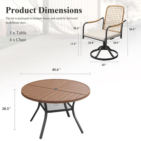 VICLLAX 5-Piece Outdoor Dining Set, 41” Round Metal Table with Umbrella Hole & Solana Swivel Chair