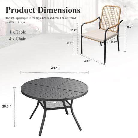 Vicllax 5 PCS Patio Dining Table Set, 41" Round Metal Table with Shelf and Solana Stackable Chair