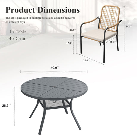 Vicllax 5 PCS Patio Dining Table Set, 41" Round Metal Table with Shelf and Solana Stackable Chair
