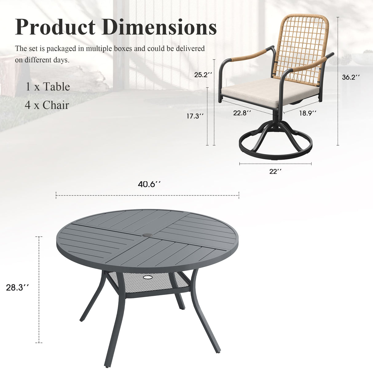 VICLLAX 5-Piece Outdoor Dining Set, 41” Round Metal Table with Umbrella Hole & Solana Swivel Chair