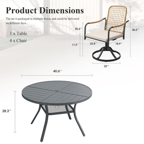 VICLLAX 5-Piece Outdoor Dining Set, 41” Round Metal Table with Umbrella Hole & Solana Swivel Chair