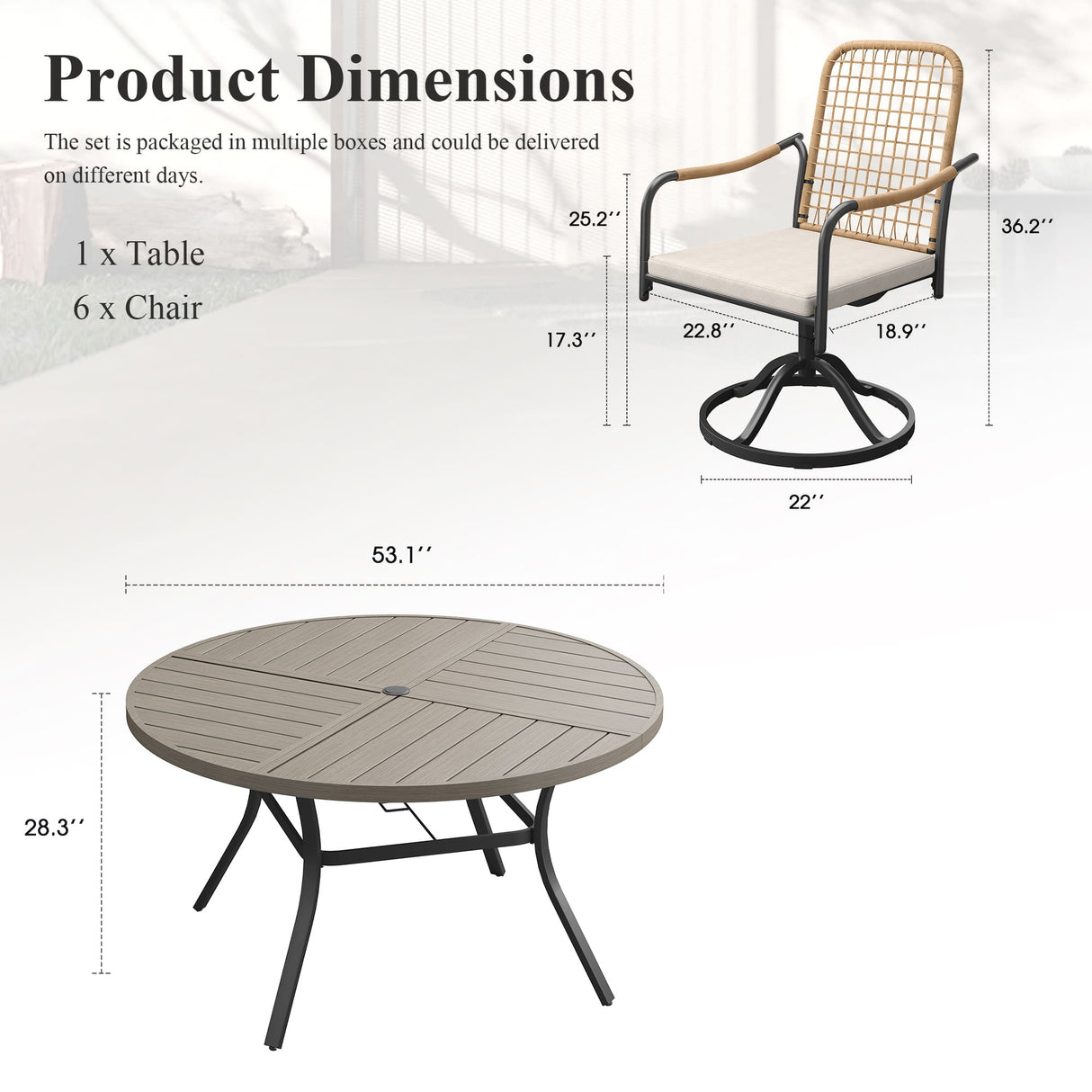 VICLLAX 7-Piece Outdoor Dining Set, 53” Round Metal Table with Umbrella Hole & Solana Swivel Chair