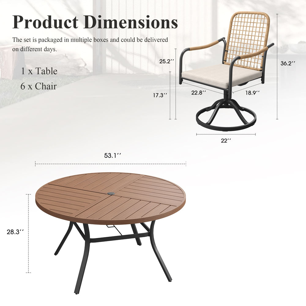 VICLLAX 7-Piece Outdoor Dining Set, 53” Round Metal Table with Umbrella Hole & Solana Swivel Chair