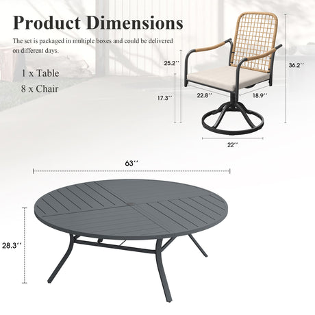 Vicllax 9-Piece Outdoor Dining Set, 63” Round Metal Table with Umbrella Hole & Solana Swivel Chair