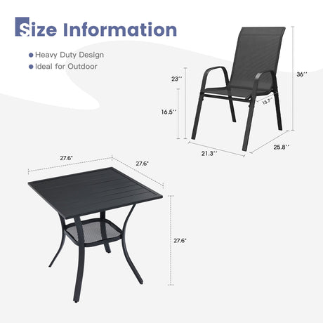 Vicllax 3-Piece Patio Bistro Set, Horizon Chairs and 27.6" Metal Square Table