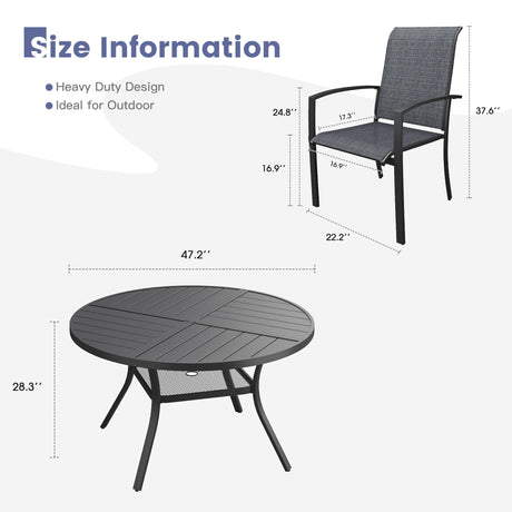 Vicllax 7 PCS Patio Dining Table Set, 47" Round Metal Table with Shelf and Skyline Stackable Chair