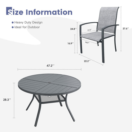Vicllax 7 PCS Patio Dining Table Set, 47" Round Metal Table with Shelf and Skyline Stackable Chair