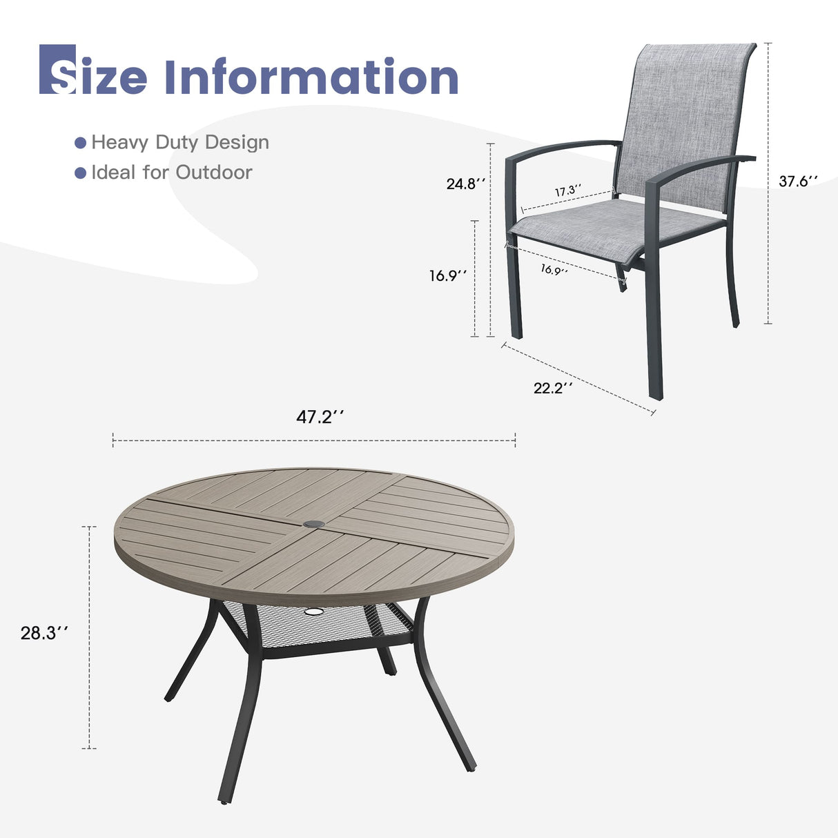 Vicllax 7 PCS Patio Dining Table Set, 47" Round Metal Table with Shelf and Skyline Stackable Chair