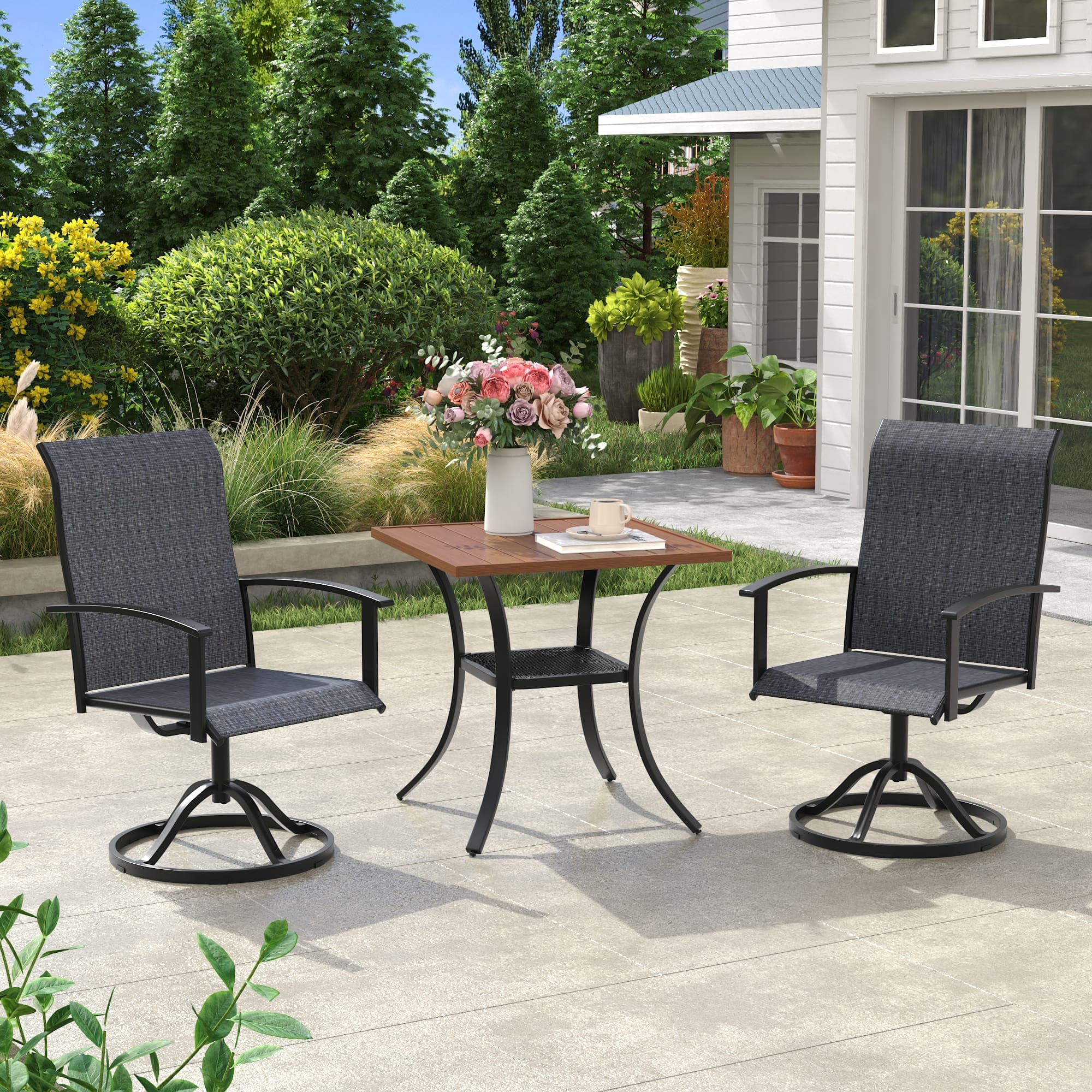 Vicllax 3 Pieces Outdoor Dining Set, 27.6" Square Bar  Table and Swivel Chair, Bistro Set for Garden, Balcony & Backyard