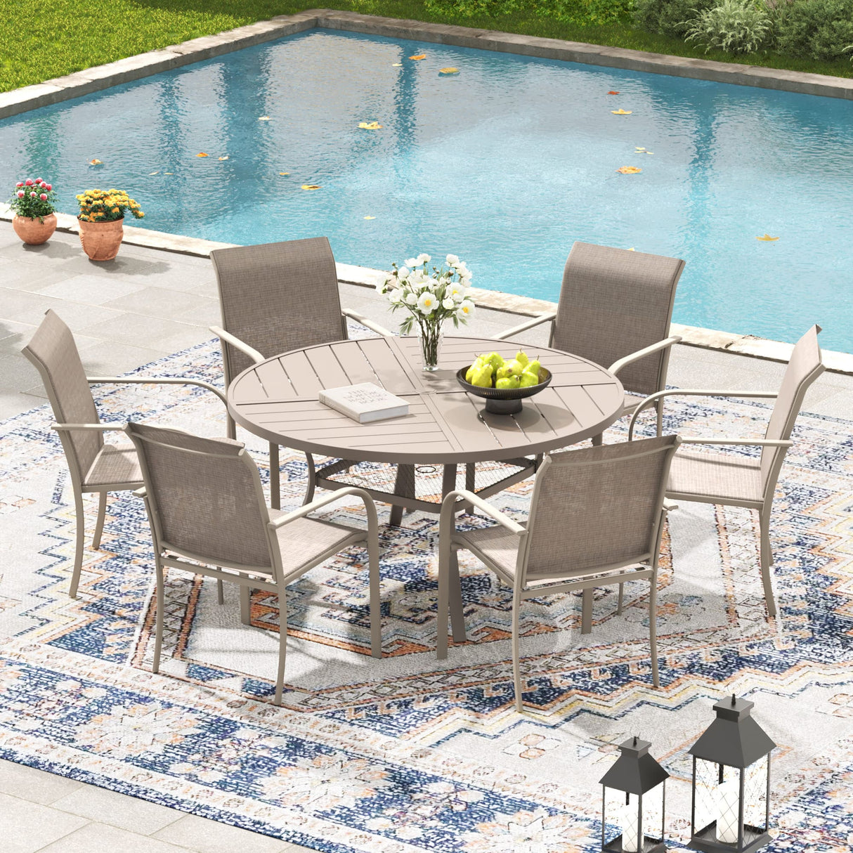VICLLAX 5/7 PCS Patio Dining Table Set, Round Metal Table with Shelf and Stackable Sling Chair