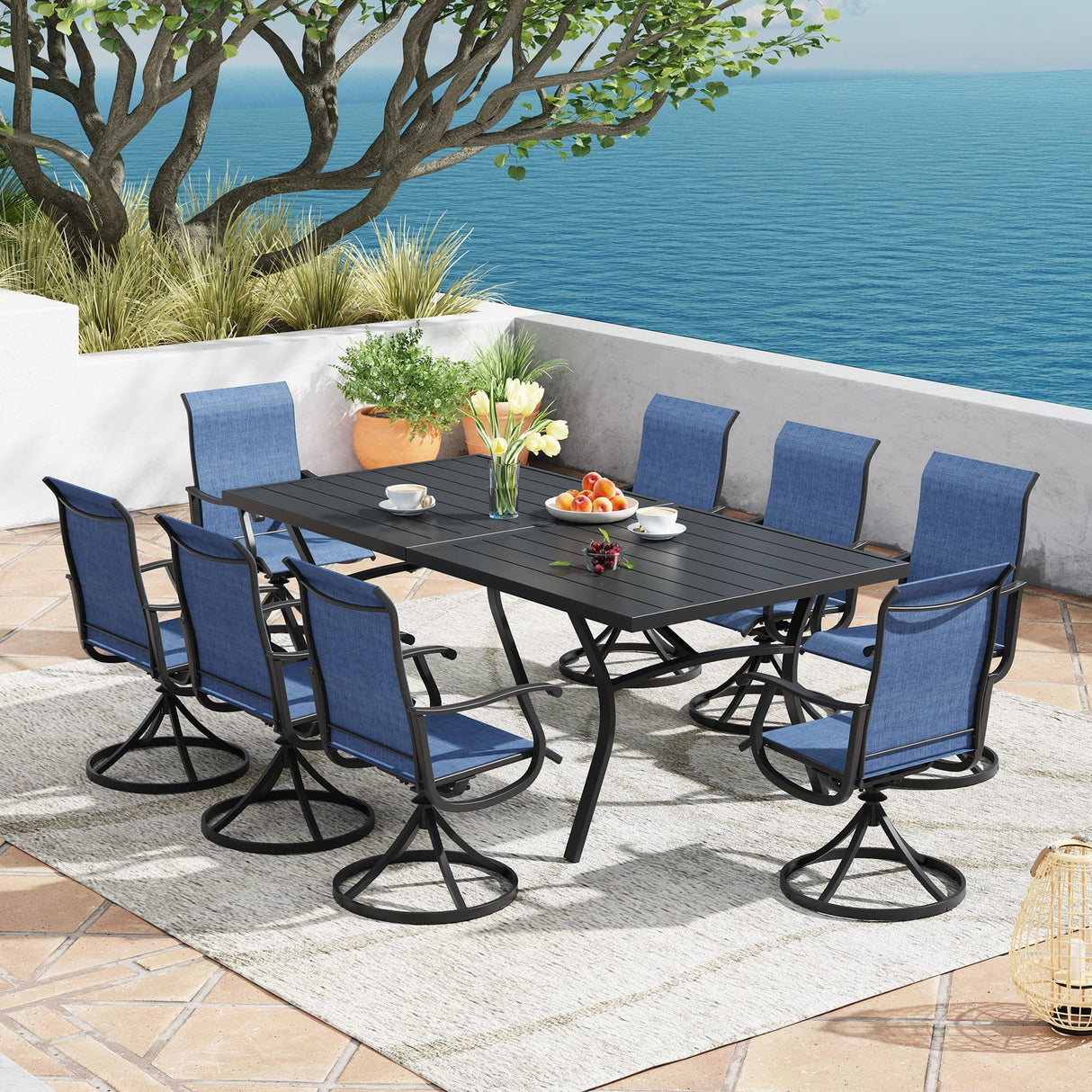 Vicllax 7/9 Pieces Outdoor Dining Set with Black Metal Rectangular Table and Textilene Swivel Chair