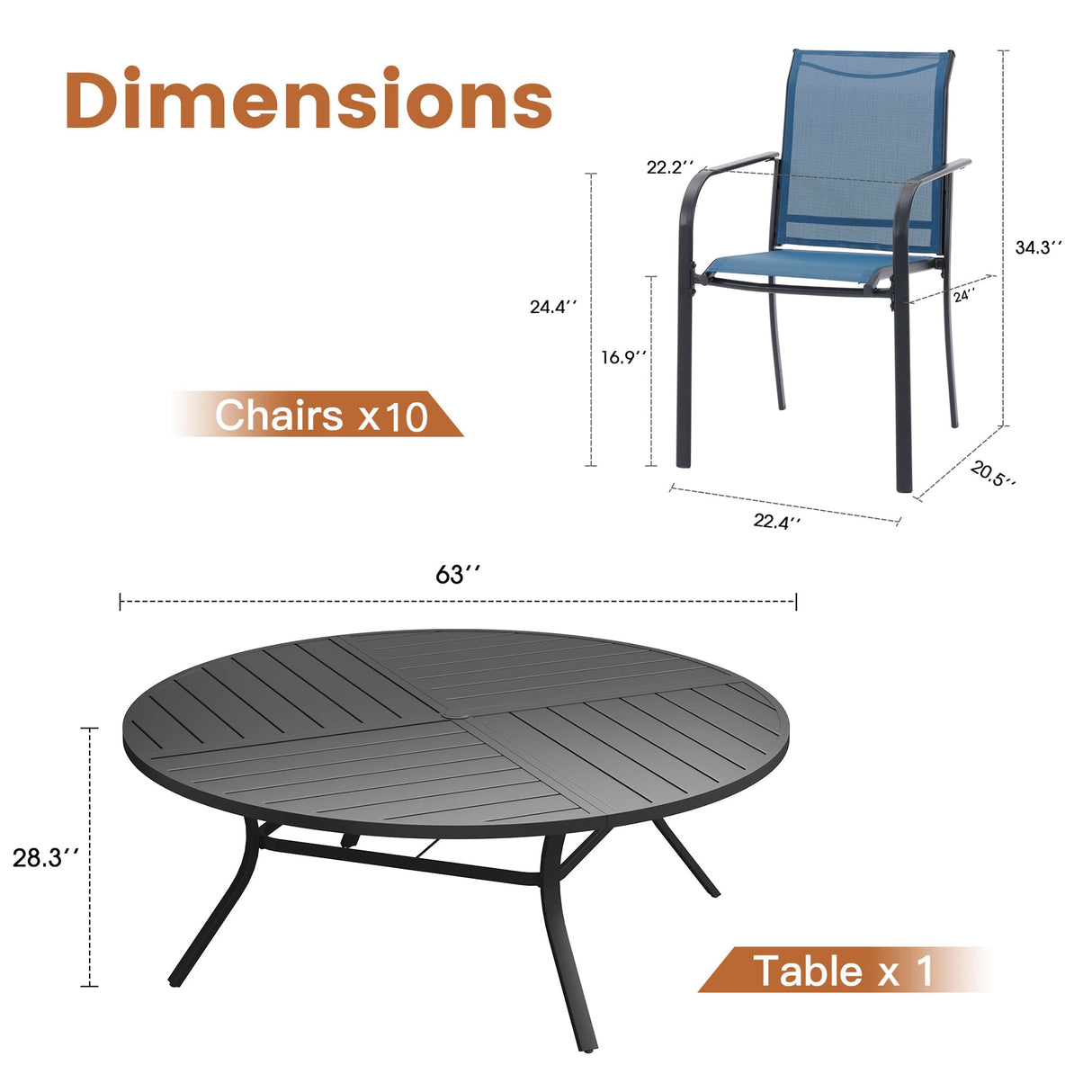 VICLLAX 11-Pcs Outdoor Dining Set, 63” Round Metal Table with Umbrella Hole & 10 Stackable  Chairs