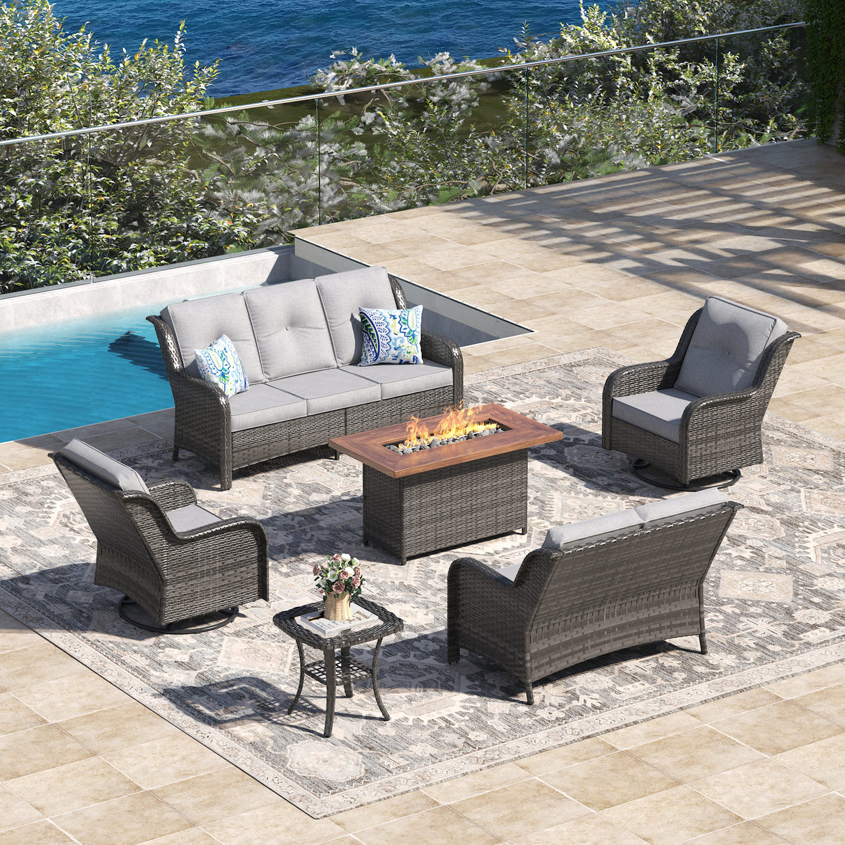 Vicllax Patio Wicker Oasis Lounge Set, 5 Seater with Fire table & Loveseat