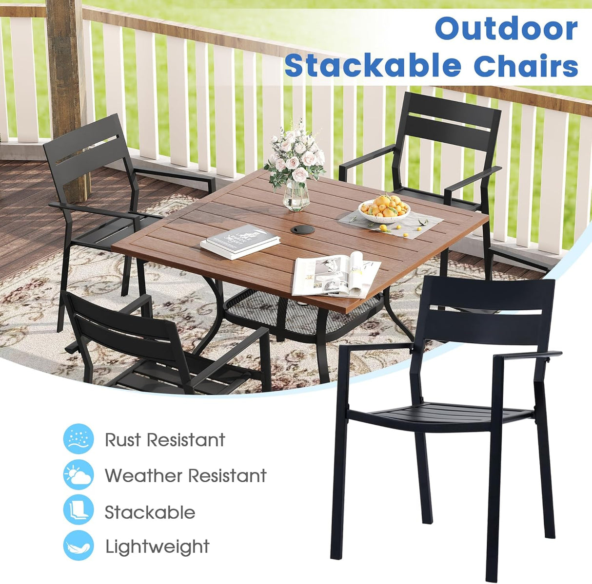 VICLLAX Patio 5 Pieces Outdoor Dining Set for 4, 37.8" Outdoor Square Table and Metal Stackable Chair
