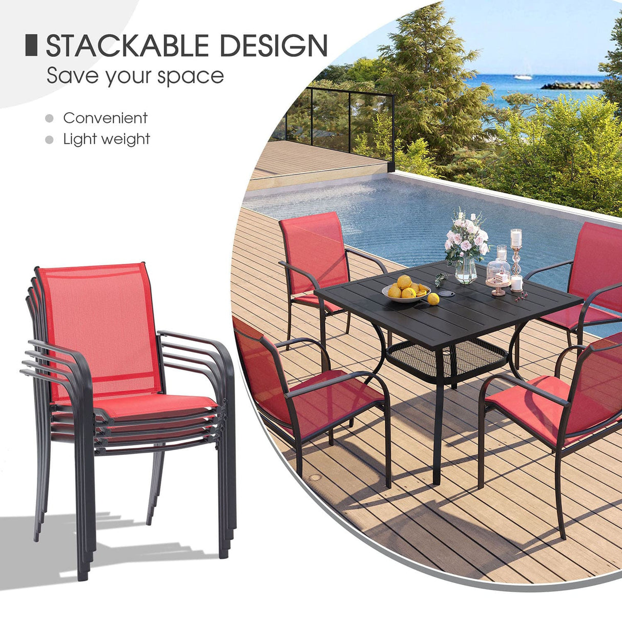 Vicllax 5 Pieces Outdoor Dining Set, 37.8" Square Metal Table and Stackable Sling Chairs