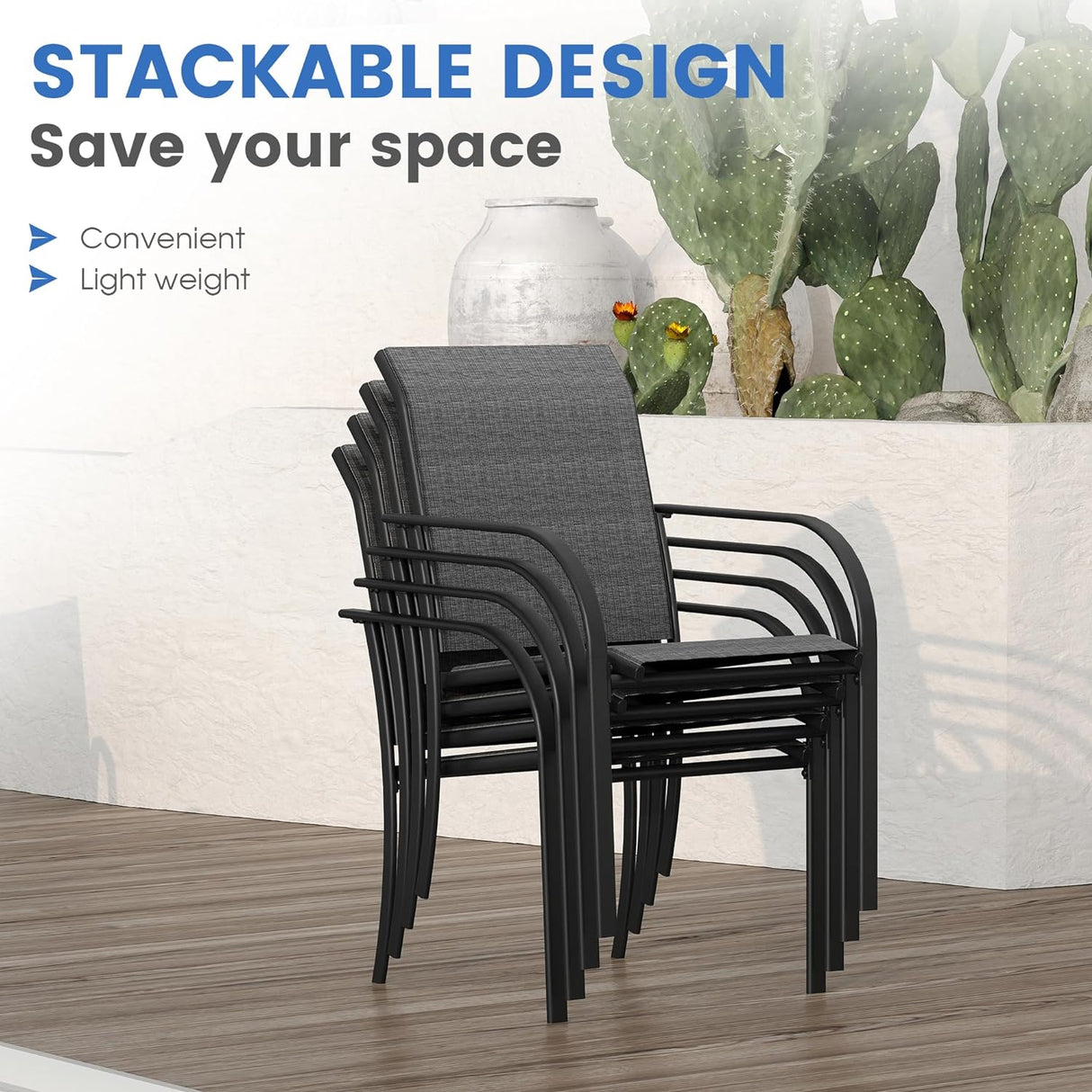 Vicllax 3-Piece Patio Bistro Set, Outdoor Stackable Sling Chairs and Black Metal Square Table