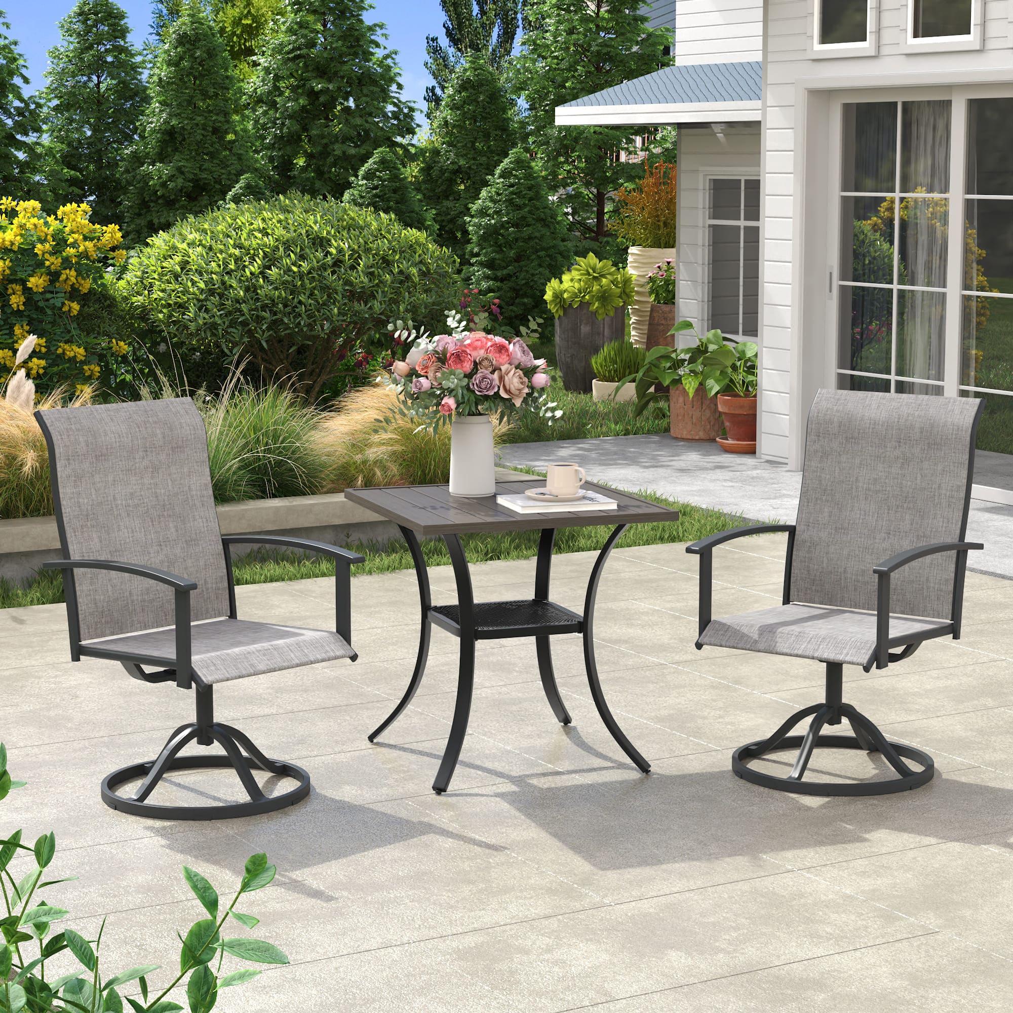 Vicllax 3 Pieces Outdoor Dining Set, 27.6" Square Bar  Table and Swivel Chair, Bistro Set for Garden, Balcony & Backyard