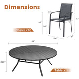 VICLLAX 11-Pcs Outdoor Dining Set, 63” Round Metal Table with Umbrella Hole & 10 Stackable  Chairs