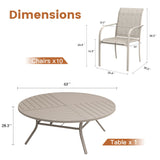VICLLAX 11-Pcs Outdoor Dining Set, 63” Round Metal Table with Umbrella Hole & 10 Stackable  Chairs