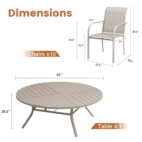 VICLLAX 11-Pcs Outdoor Dining Set, 63” Round Metal Table with Umbrella Hole & 10 Stackable  Chairs