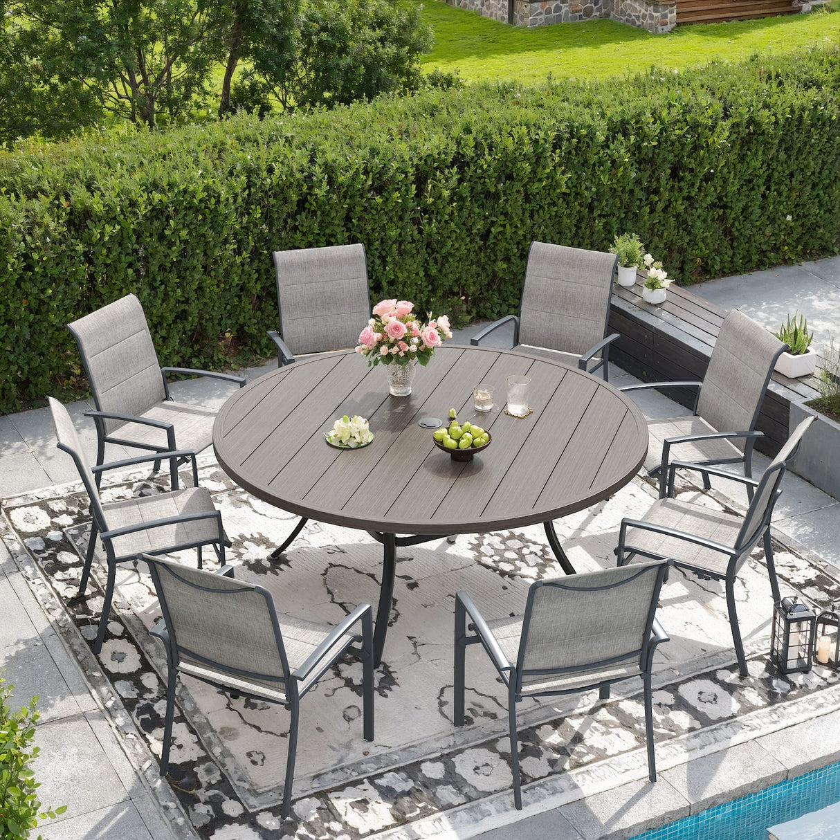 Vicllax 9/11 Pcs Outdoor Dining Set, 53"/ 60" Round Metal Table and Stackable Padded Chair