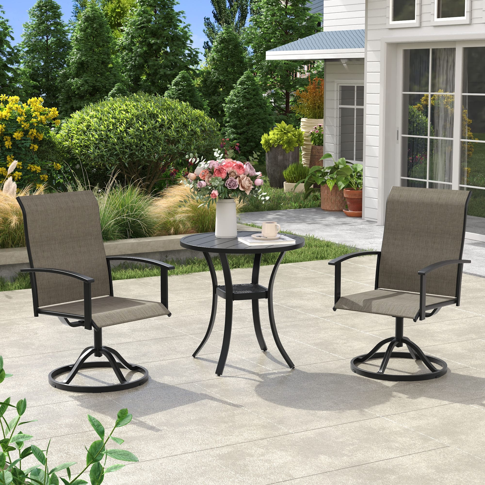 Vicllax 3 Pieces Outdoor Dining Set, 27.6" Round Bar Table and Swivel Chair, Bistro Set for Garden, Balcony & Backyard