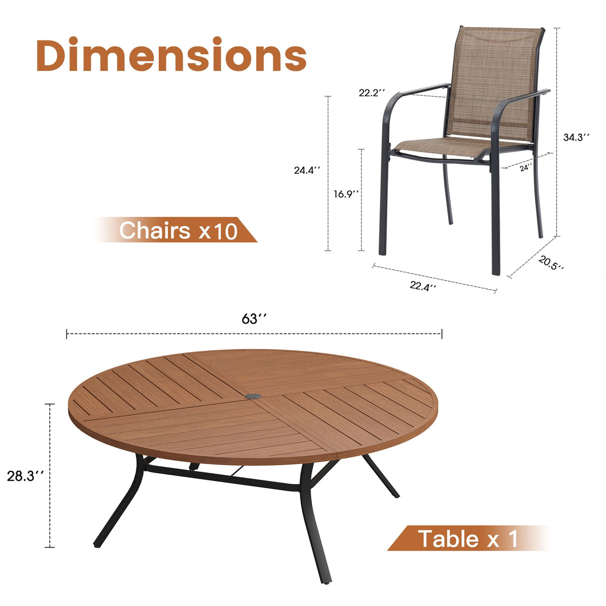 VICLLAX 11-Pcs Outdoor Dining Set, 63” Round Metal Table with Umbrella Hole & 10 Stackable  Chairs