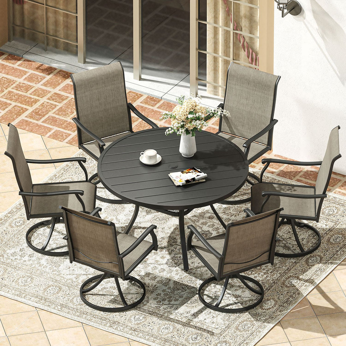 Vicllax 7 Pieces Outdoor Dining Set with 48" Round Dining Table and Swivel Chairs